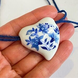 Vintage Blue White Porcelain Heart Pendant Necklace Multi Strand Cord